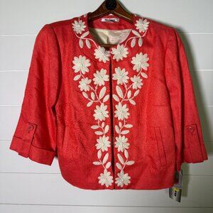 Nygard Blazer Jacket Dark Coral & Cream 3/4 Sleeve Hook Closure Size 14 P-NWT